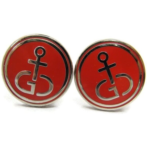 Vintage Gibdock Cufflinks European Ship Repair Company Silver Tone Red Enamel - Picture 2 of 14